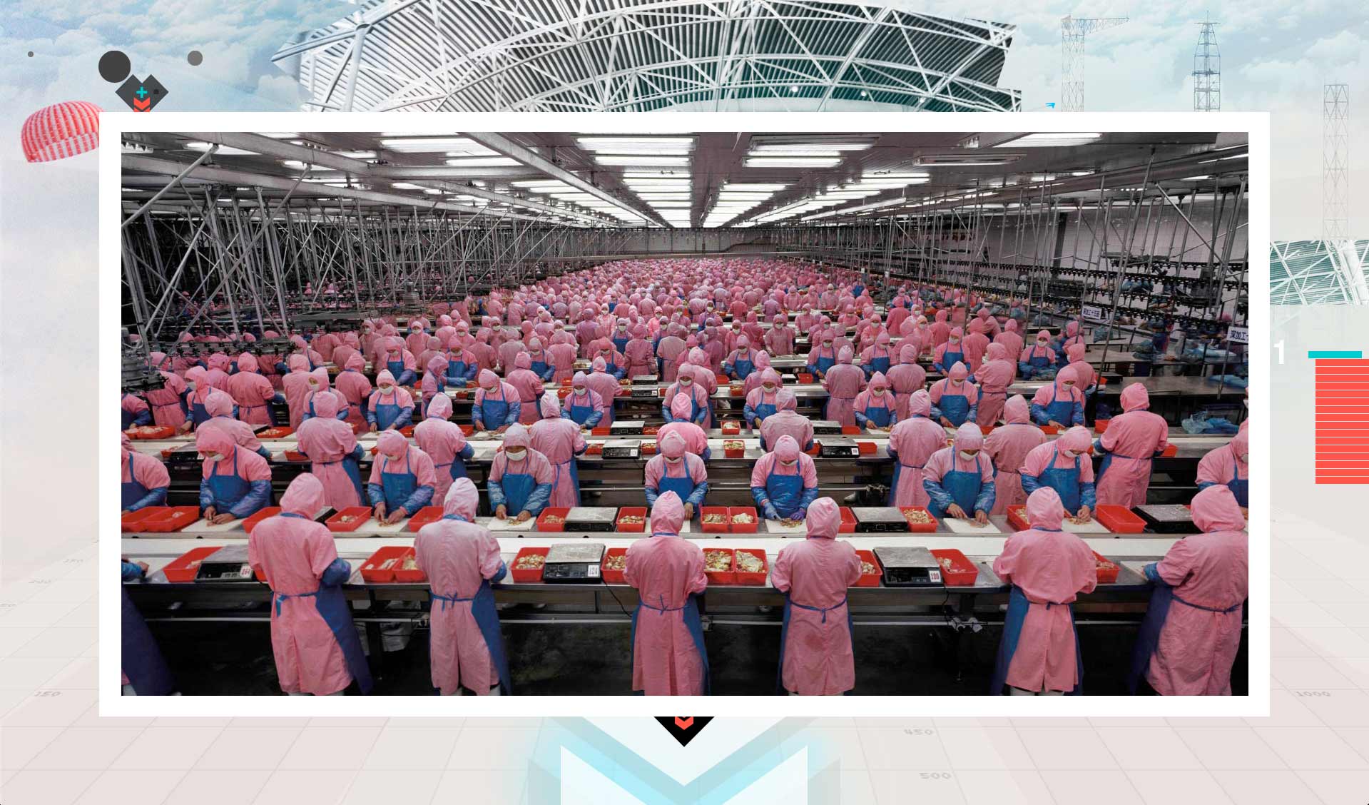A large-scale photograph of a crowded production floor set within an editorial collage.